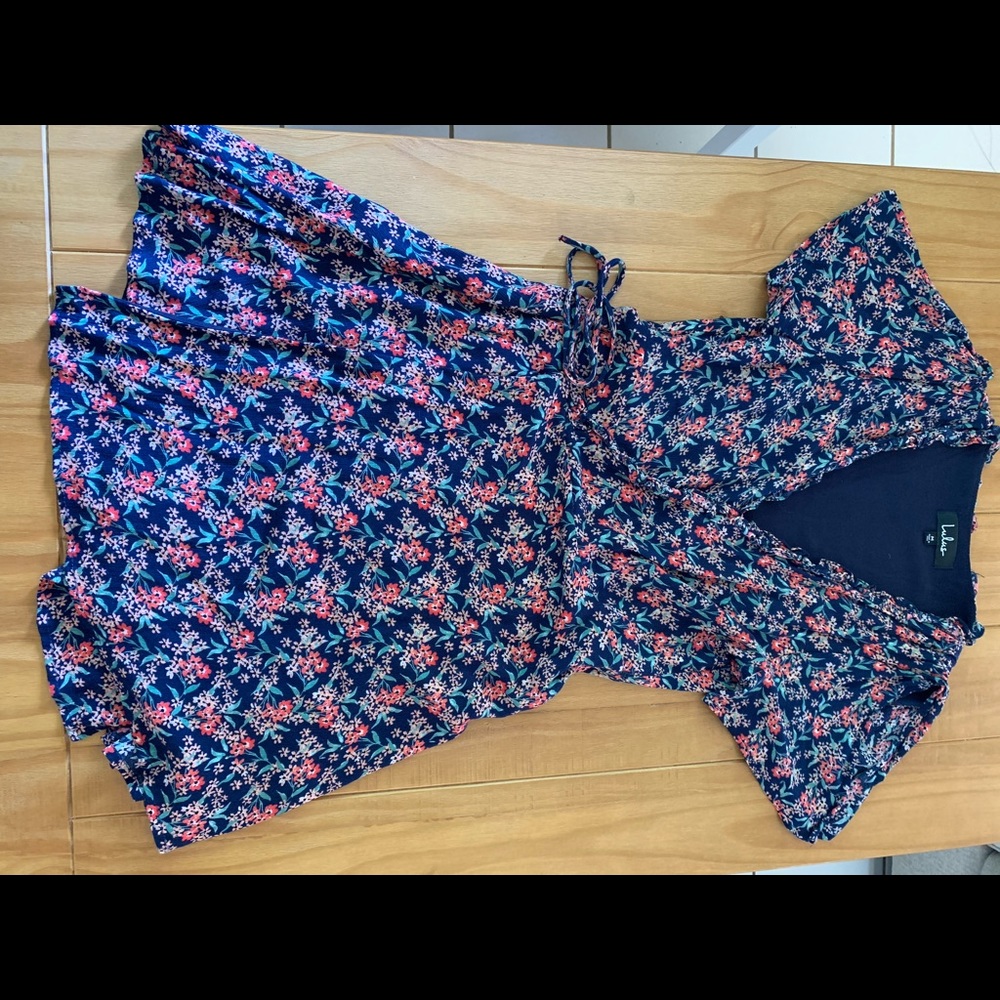 Lulus “Audacious Audrey” Floral Wrap Dress. Size: M. Color: Navy/Floral Print